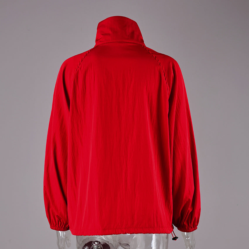 Button-Placket Stand-Collar Jacket with Elastic Cuffs in Red — back view on mannequin