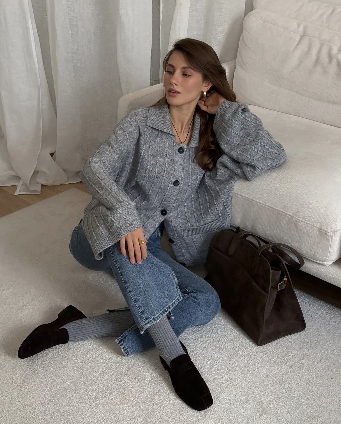 Oversized Collared Button Cardigan with Bell Sleeves in Heather Gray — on model, seated