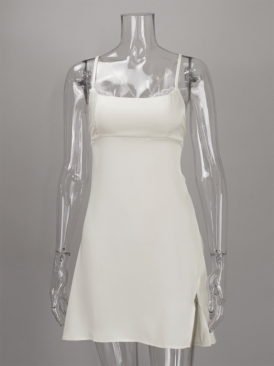 Satin Lace-Trim Mini Slip Dress with Tie Back in Ivory — front view on mannequin