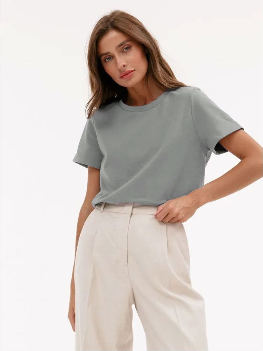 Everyday Cotton Short Sleeve Crew Tee in Sage Mist — front view on model