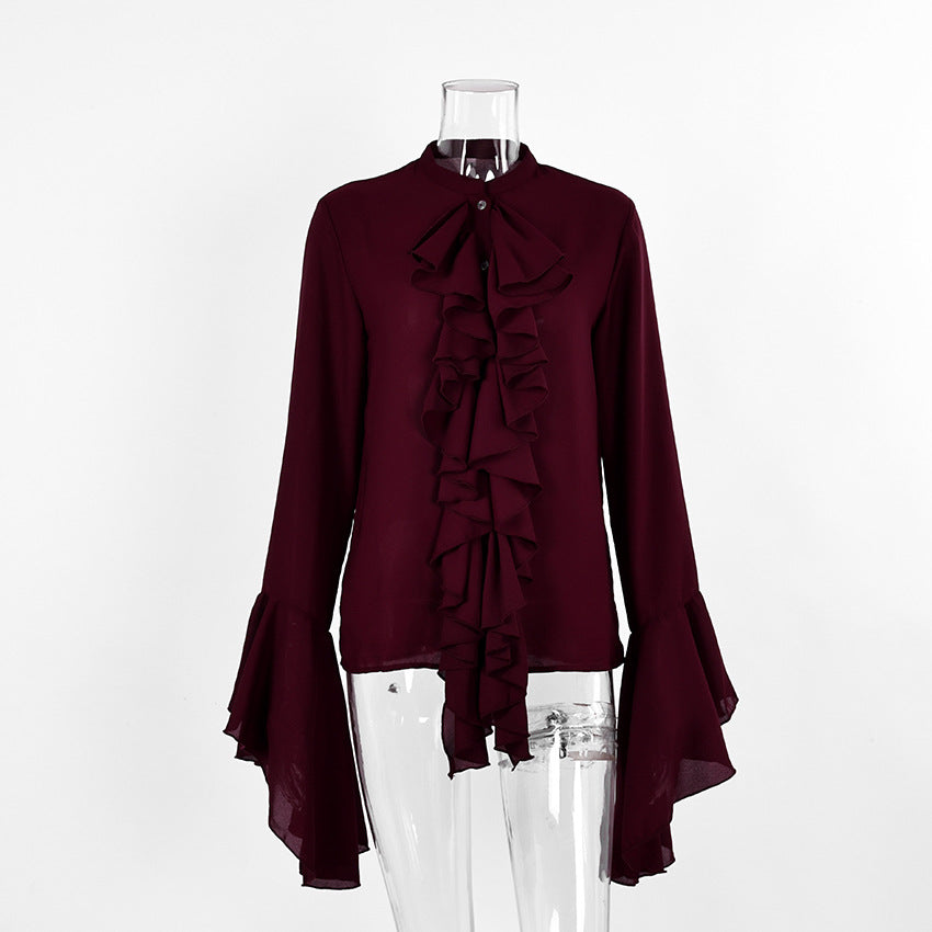 Cascading Ruffle Blouse with Bell Sleeves in Burgundy — front view on mannequin