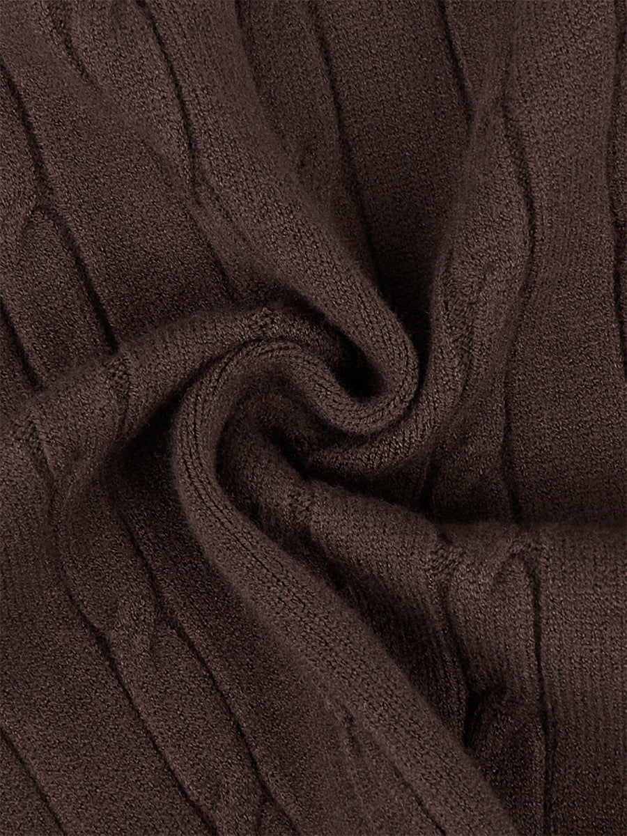 Cable Knit Zip-Up Sweater & Straight-Leg Knit Pants Set in Chocolate — knit close-up