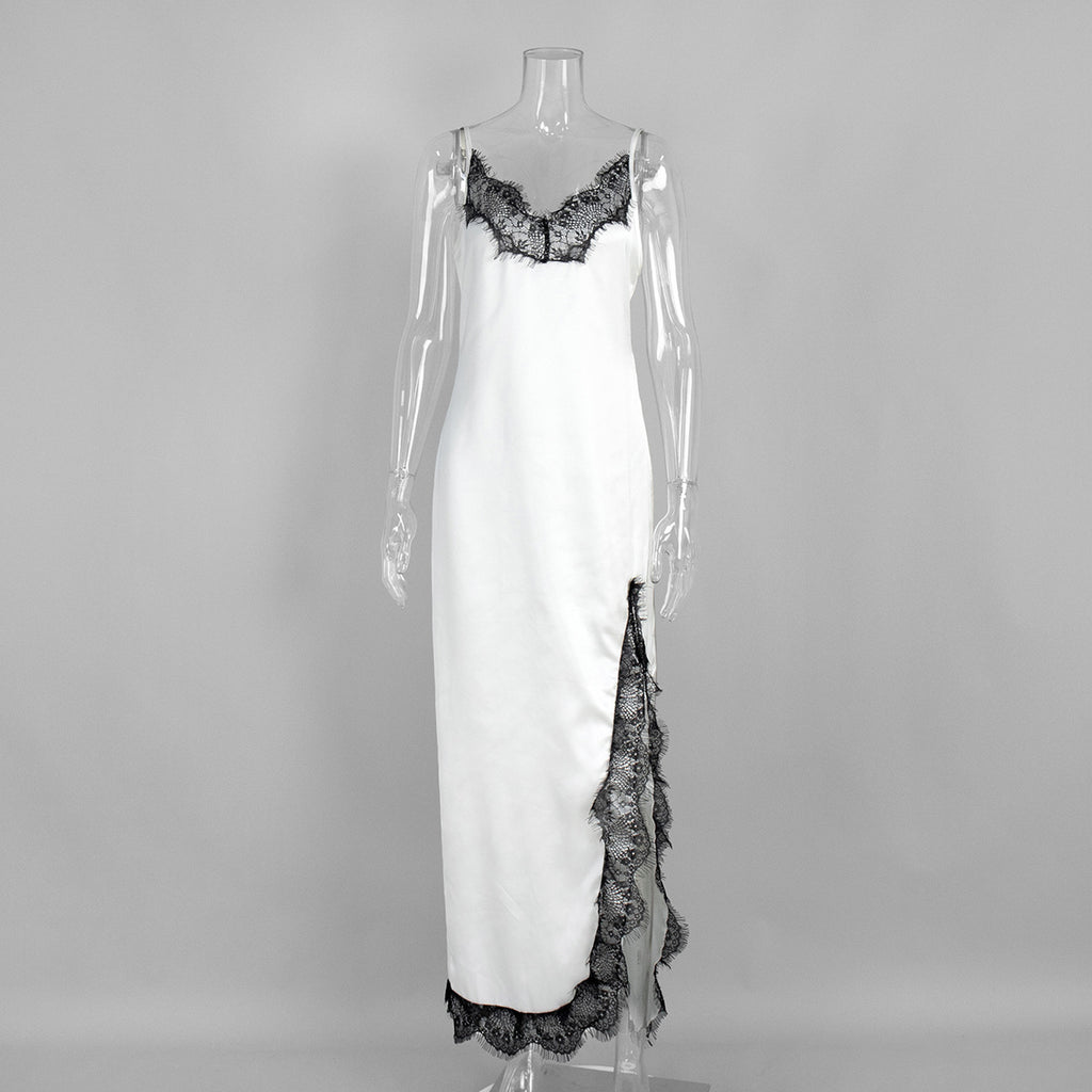 Lace-Trim Satin Maxi Slip Dress in White — front view on mannequin