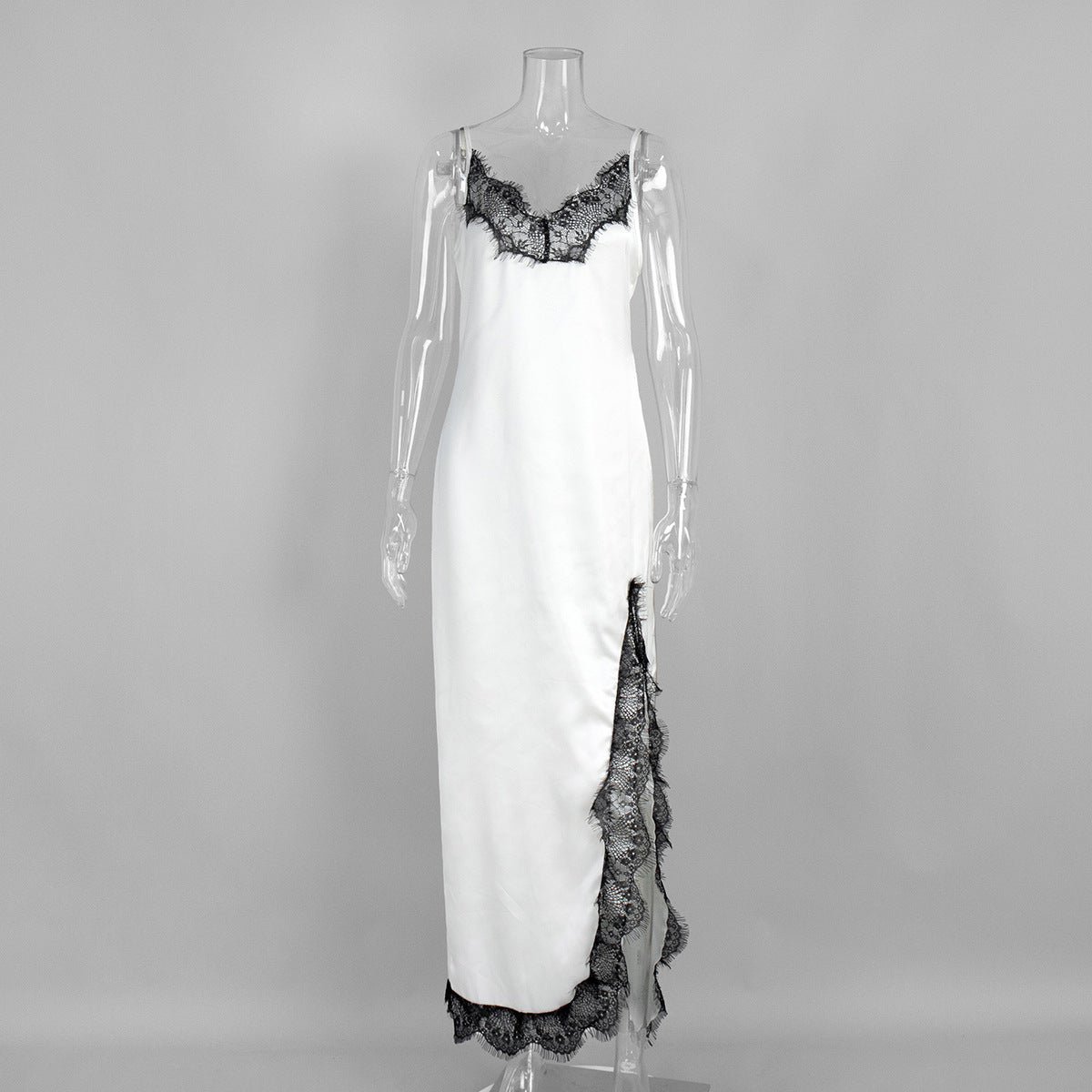 Lace-Trim Satin Maxi Slip Dress in White — front view on mannequin