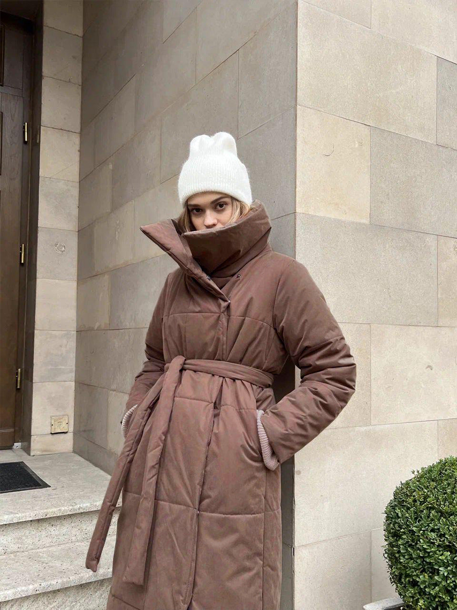 Long Belted Puffer Coat with Oversized Collar in Chocolate Brown — collar snapped up, belted