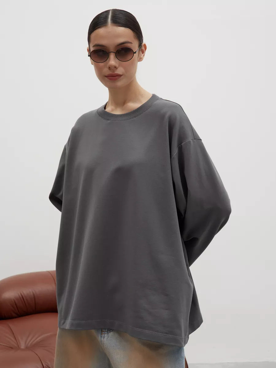 Oversized Cotton Long Sleeve Crew Neck Tee in Charcoal — front view on model or garment