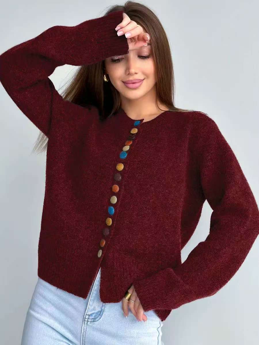 Crew-Neck Cardigan with Multicolor Buttons in Burgundy — front view on model