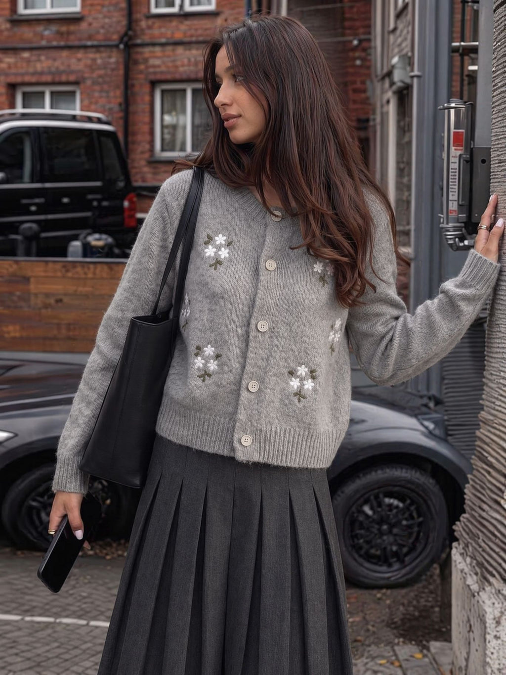 Floral Embroidered Button Cardigan in Heather Gray — on model