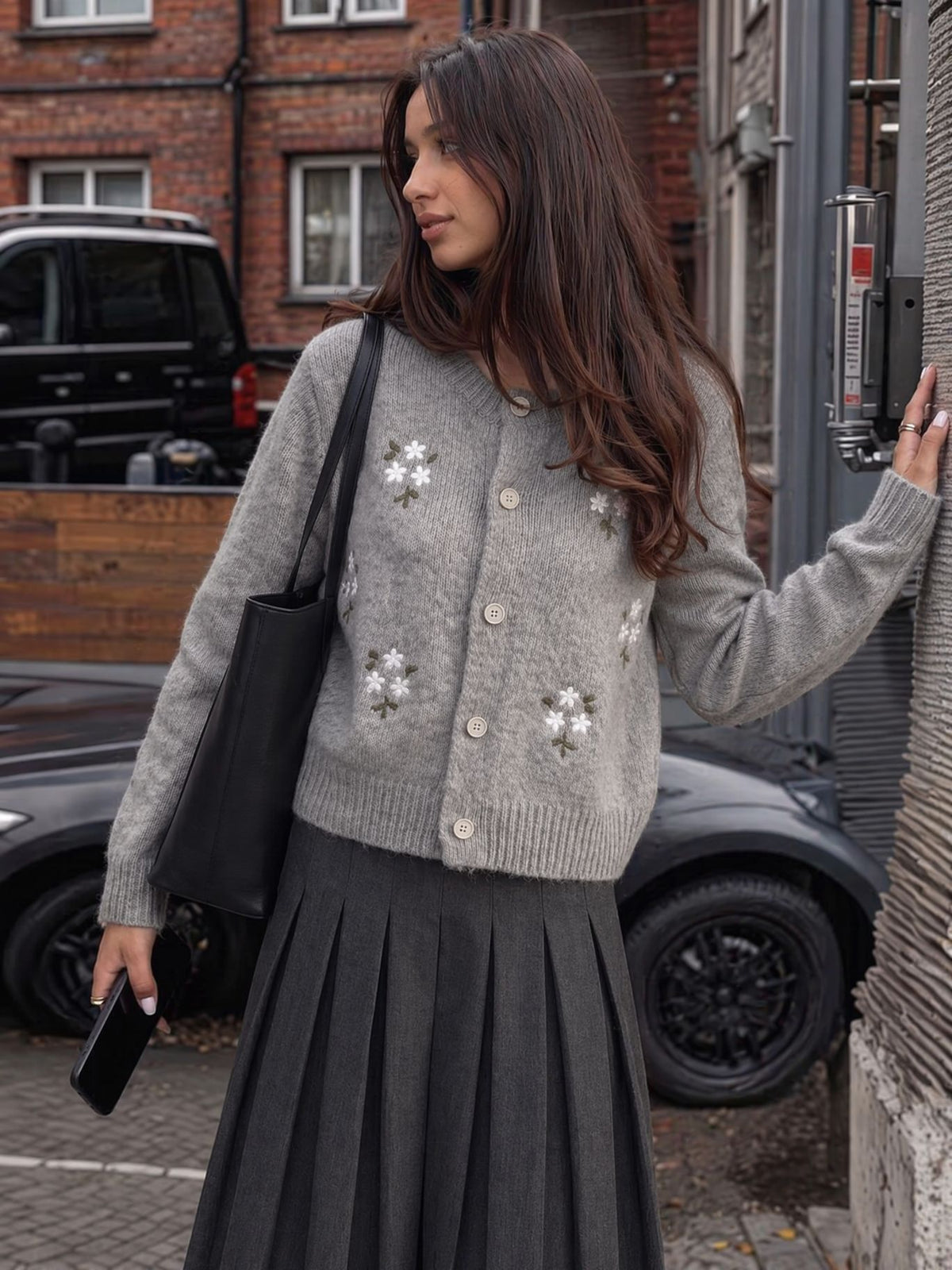 Floral Embroidered Button Cardigan in Heather Gray — on model