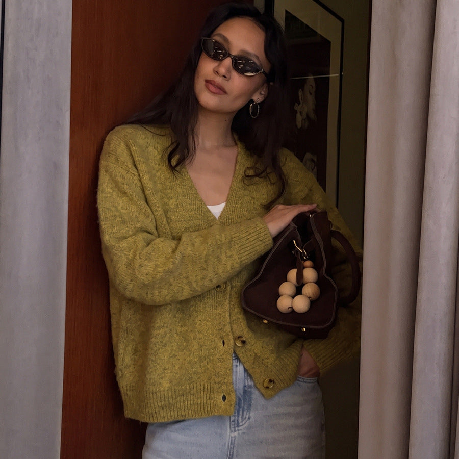 Fuzzy Wool-Blend V-Neck Button Cardigan in Chartreuse — on model with jeans