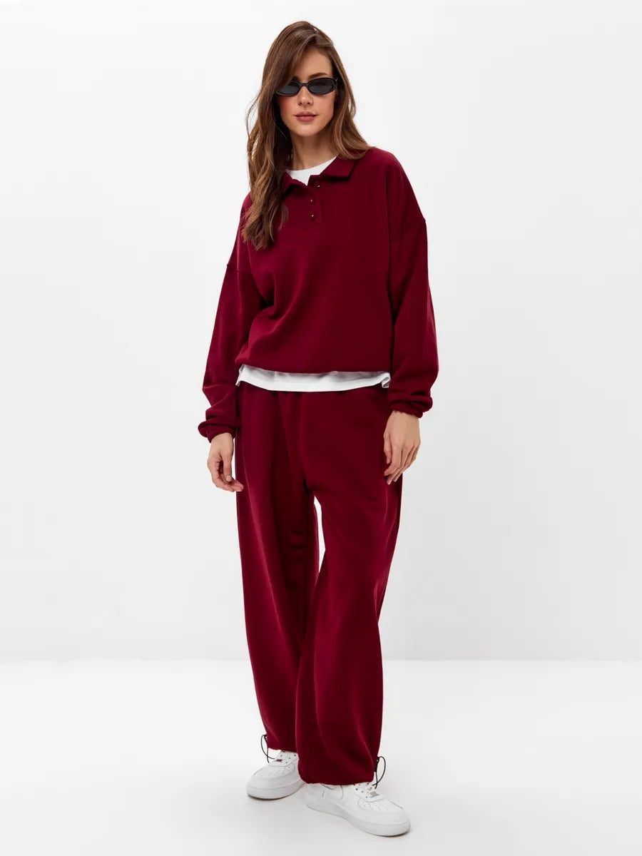 Polo Collar Sweatshirt & Drawstring Wide-Leg Pants Set in Burgundy — full-length view on model