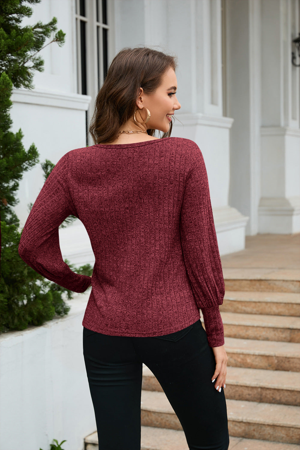 Ribbed Scoop-Neck Balloon-Sleeve Knit Top in Wine — back view on model