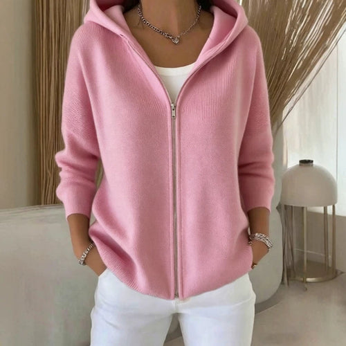 Zip-Up Knit Hoodie Cardigan in Pink — front view on model