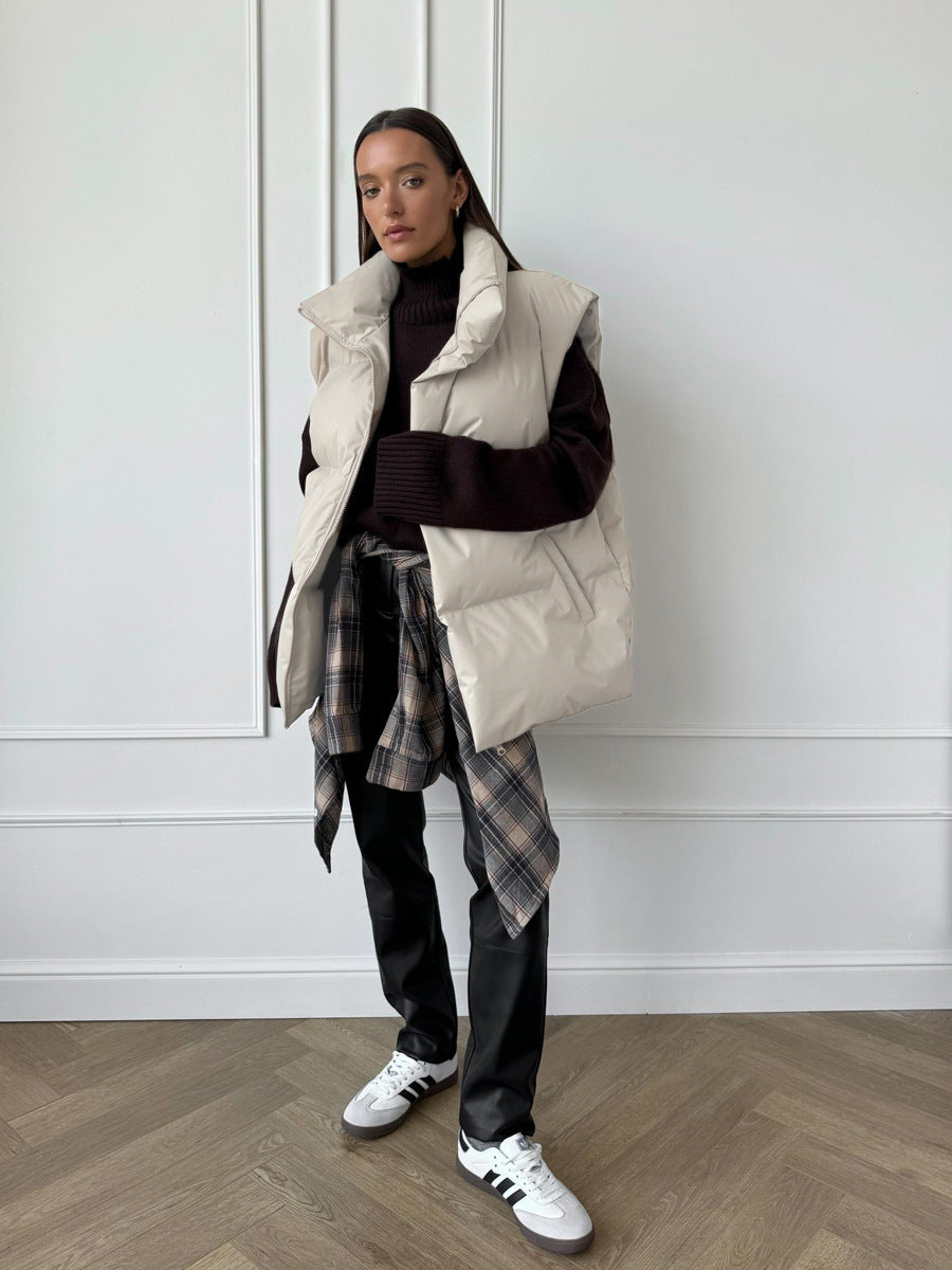 Longline Puffer Vest with High Stand Collar in Cream — full-length view
