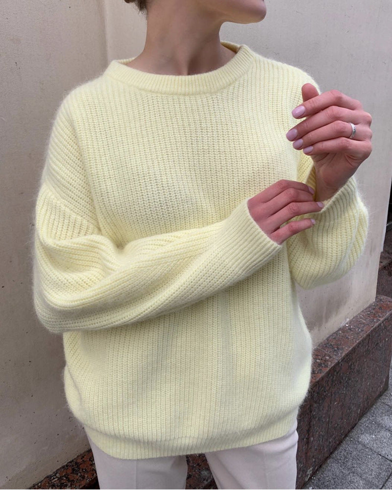 Relaxed Balloon Sleeve Ribbed Sweater in Butter Yellow — front view on model or garment