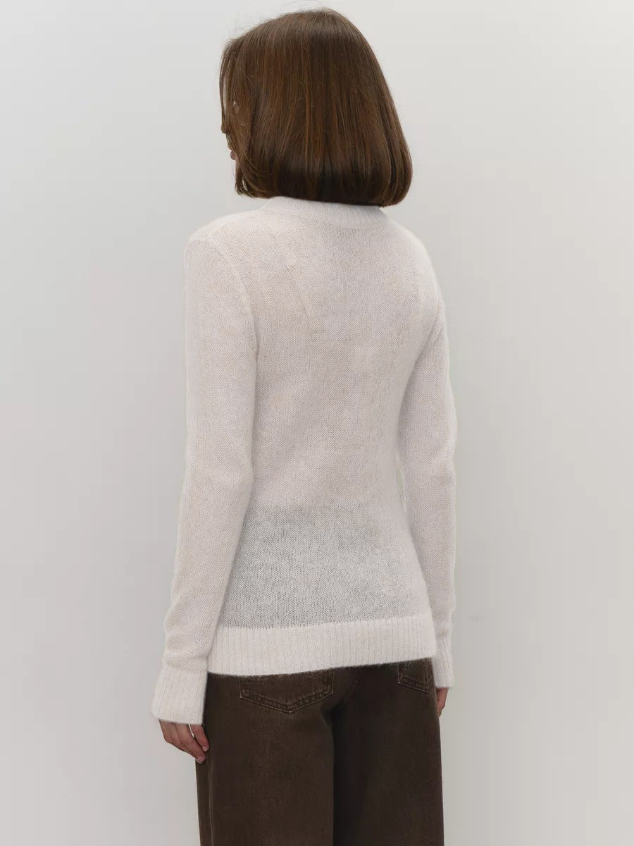 Soft Mohair-Blend Crew Neck Sweater in White — on model