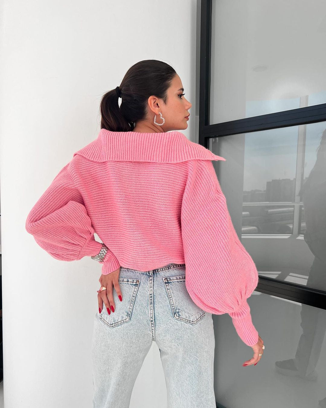 Open-Collar Balloon-Sleeve Cropped Knit Sweater in Pink — back view on model