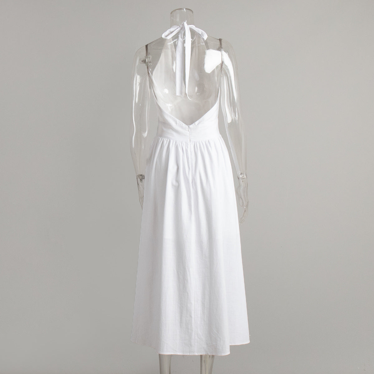 Cotton Halter V-Neck Maxi Dress in White — back view on mannequin