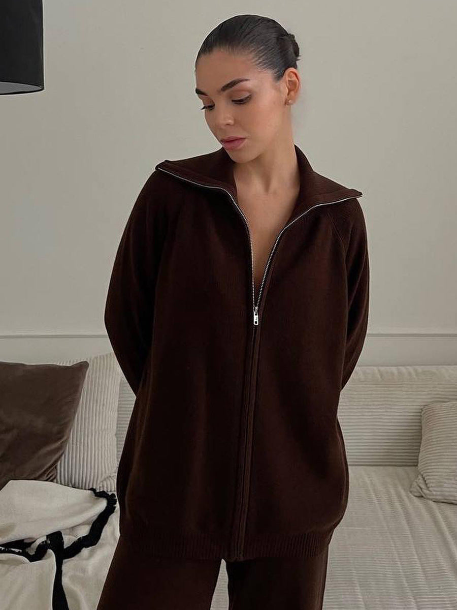 Wide-Collar Zip-Up Knit Cardigan & Wide-Leg Pants Set in Chocolate — close view of the collar on model