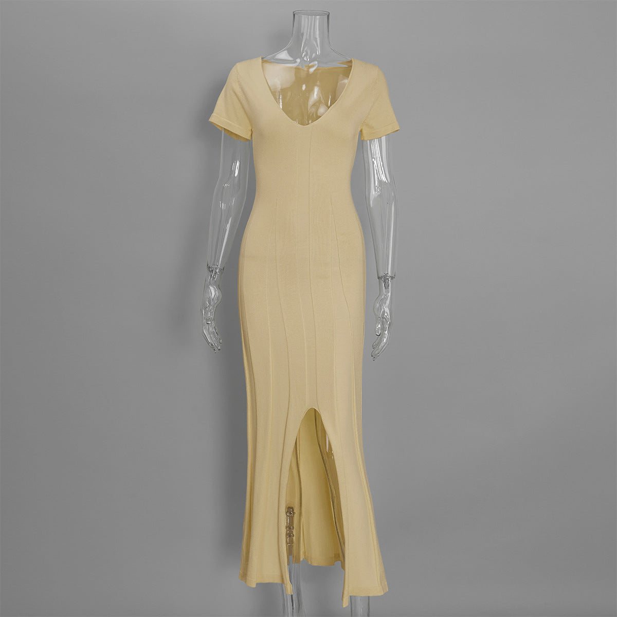 Rib-Knit V-Neck Maxi Dress with Side Slit in Butter Yellow — front view on mannequin