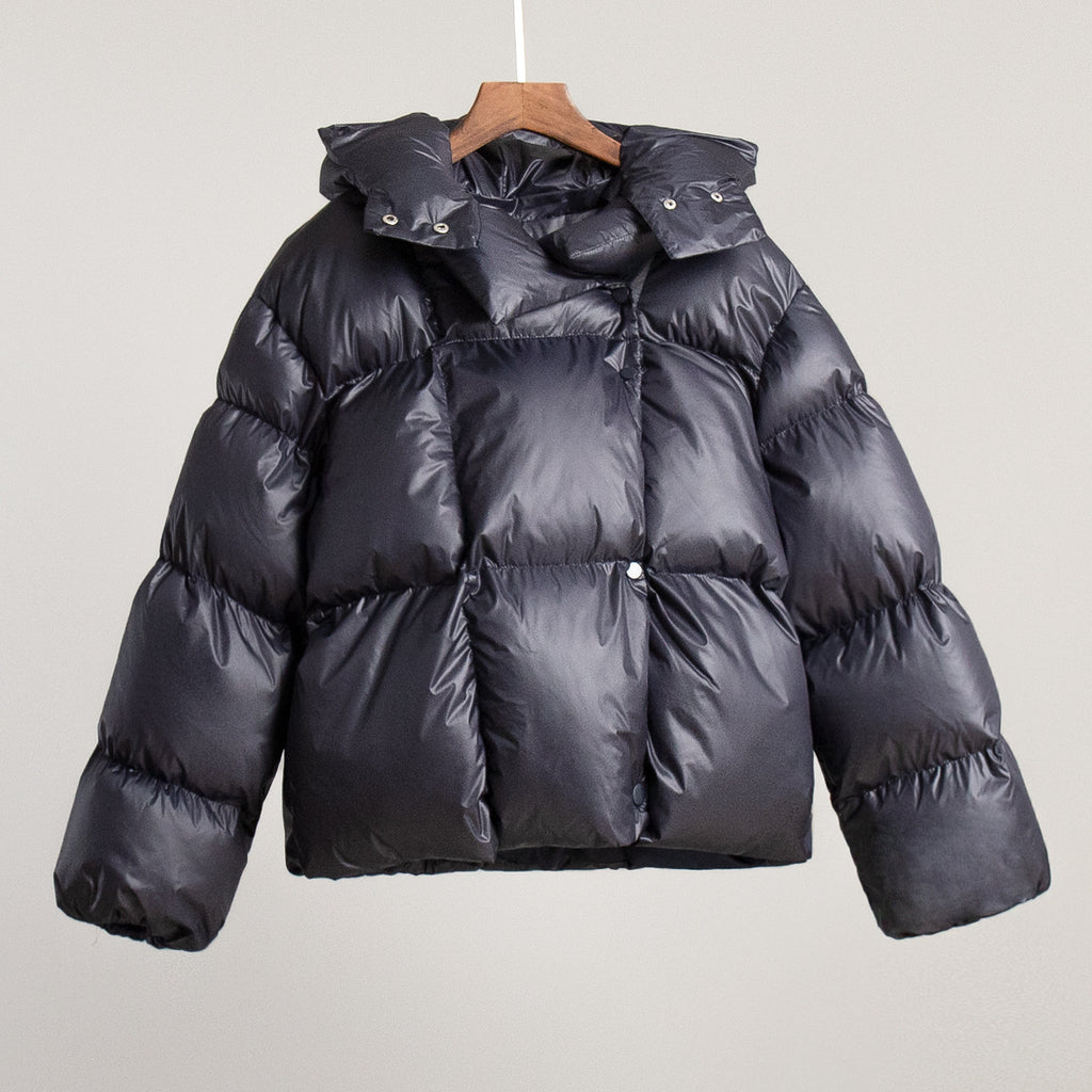 Cropped Hooded Puffer Jacket with Drawstring Hem in Slate Gray — front view