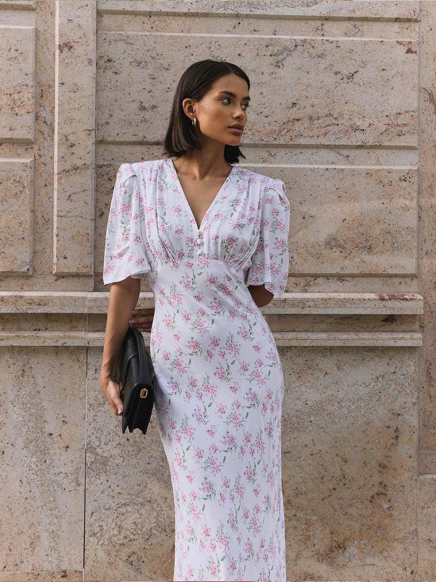 Floral Puff-Sleeve V-Neck Maxi Dress in White Floral — on model