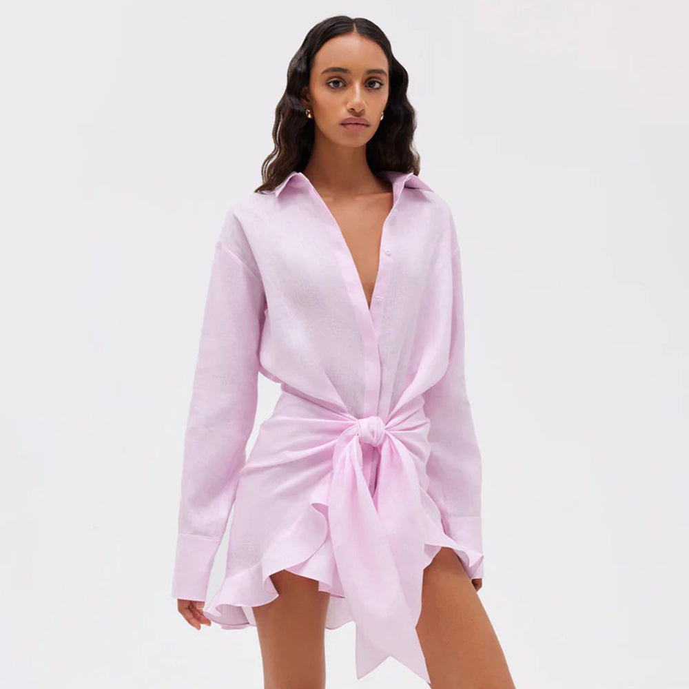 Tie-Front Cotton Mini Shirt Dress in Soft Pink — front view on model