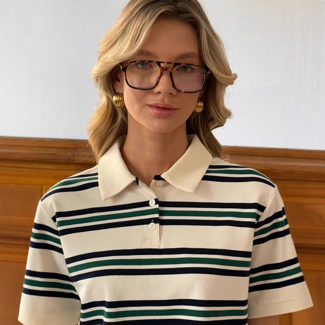 Contrast Stripe Cotton Polo Shirt in Ivory Stripe — front view on model