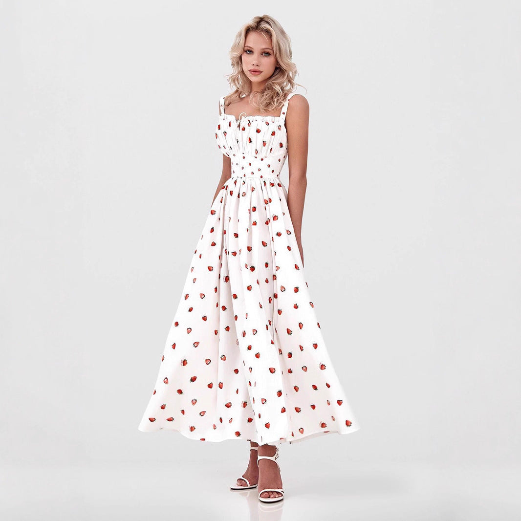 Printed Tie-Strap Maxi Dress with Side Slit in Strawberry Print — on model