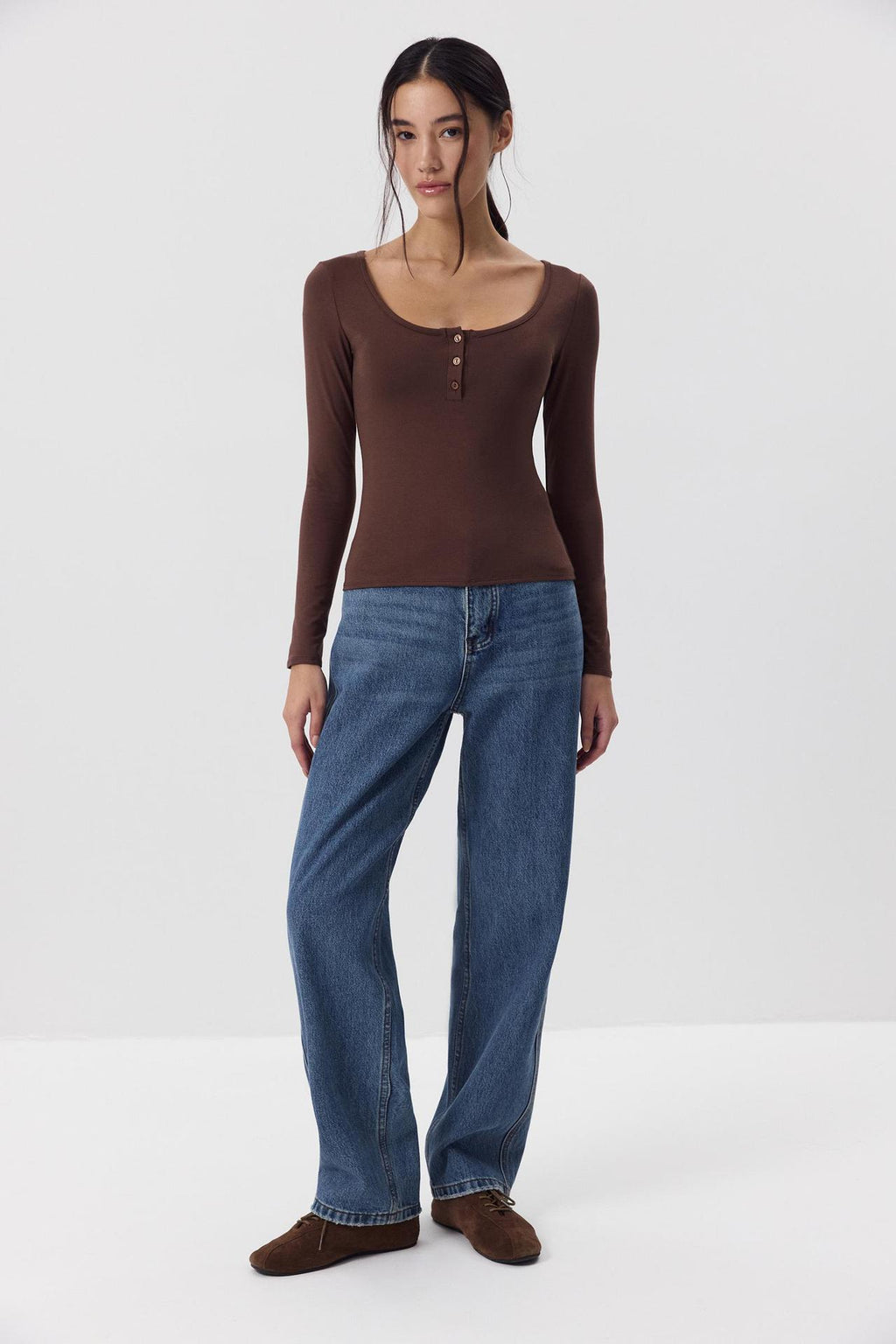 Modal Scoop Neck Button Long Sleeve Tee in Coffee Brown — full outfit view