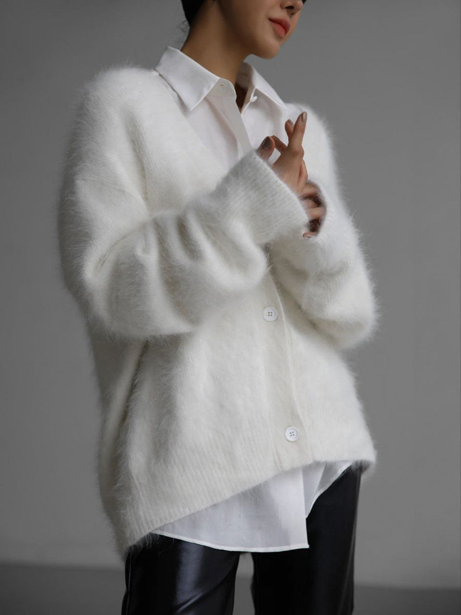 Fuzzy Knit Oversized V-Neck Cardigan in Ivory — worn open over a white shirt
