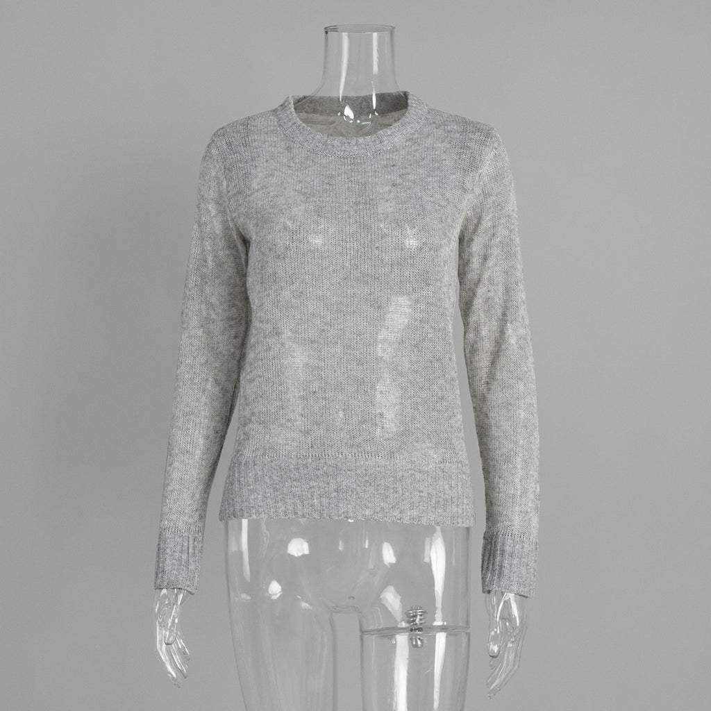 Soft Mohair-Blend Crew Neck Sweater in Heather Gray — front view on mannequin