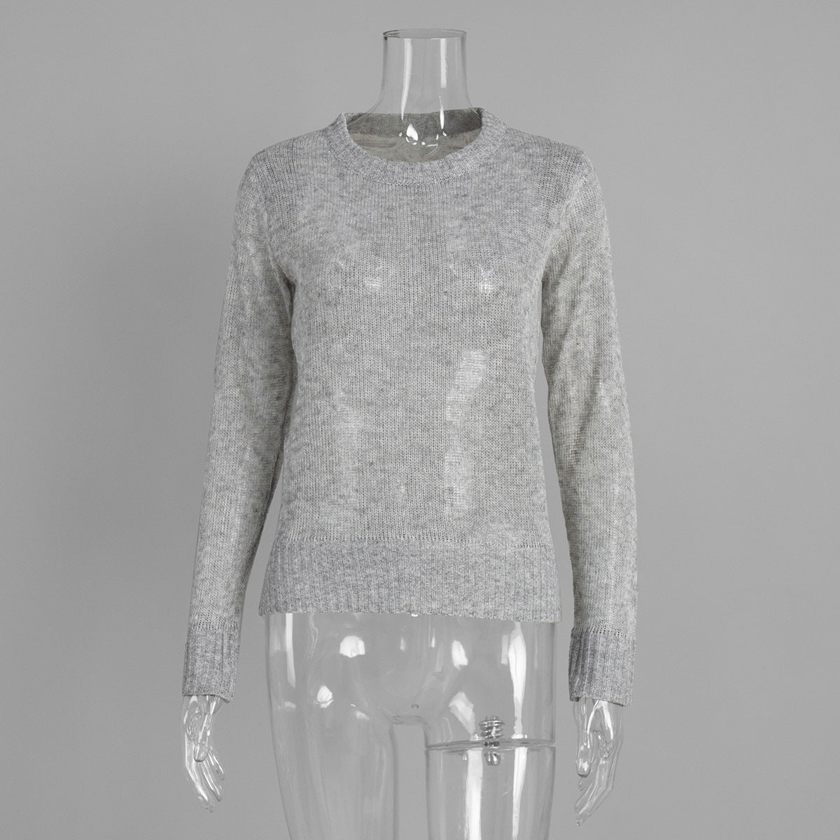 Soft Mohair-Blend Crew Neck Sweater in Heather Gray — front view on mannequin