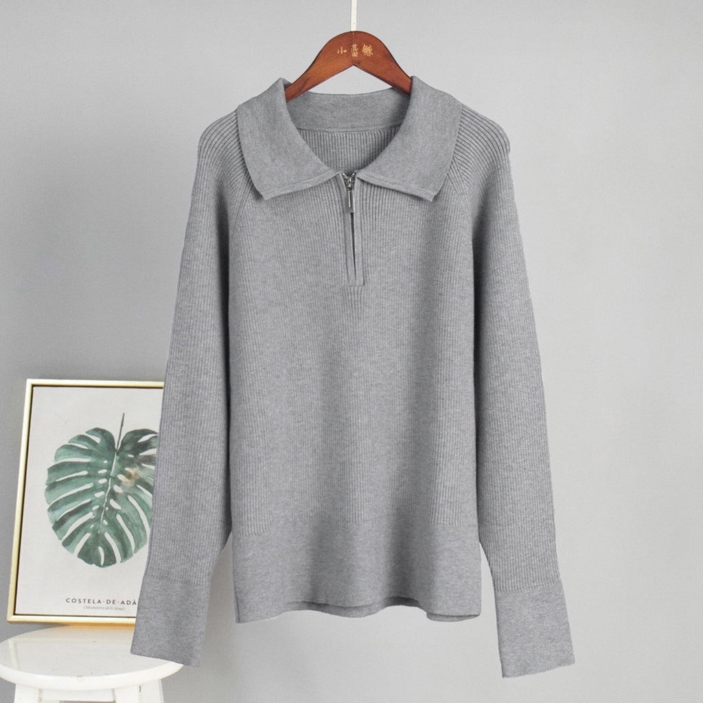 Quarter-Zip Polo Collar Ribbed Sweater in Gray — front view