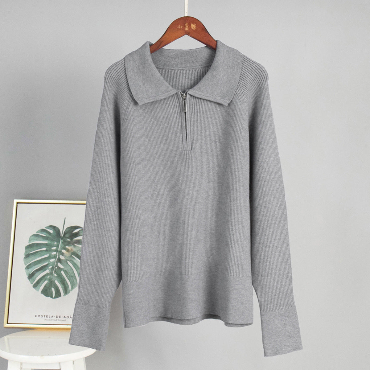 Quarter-Zip Polo Collar Ribbed Sweater in Gray — front view