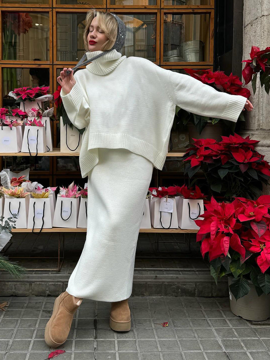Oversized Turtleneck Sweater & Knit Maxi Skirt Set in Ivory — full-length view on model