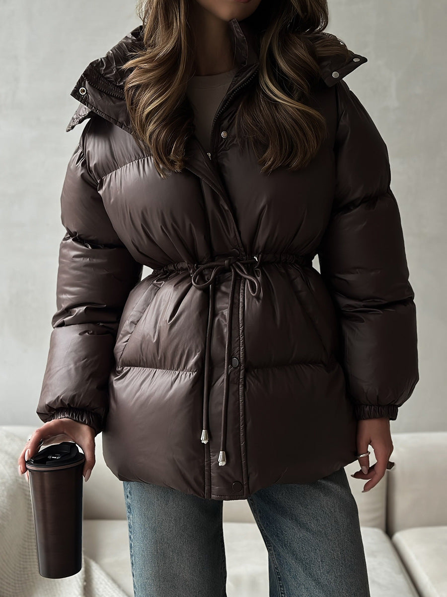 Hooded Puffer Jacket with Drawstring Waist in Espresso Brown — front view on model, waist cinched