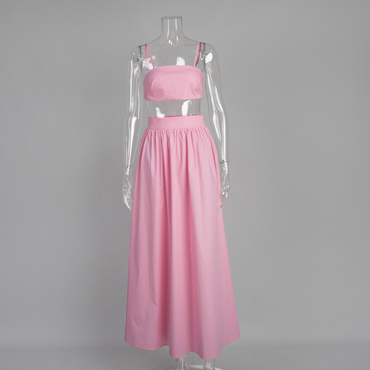 Cotton Crop Camisole & Gathered Maxi Skirt Set in Pink — front view on mannequin