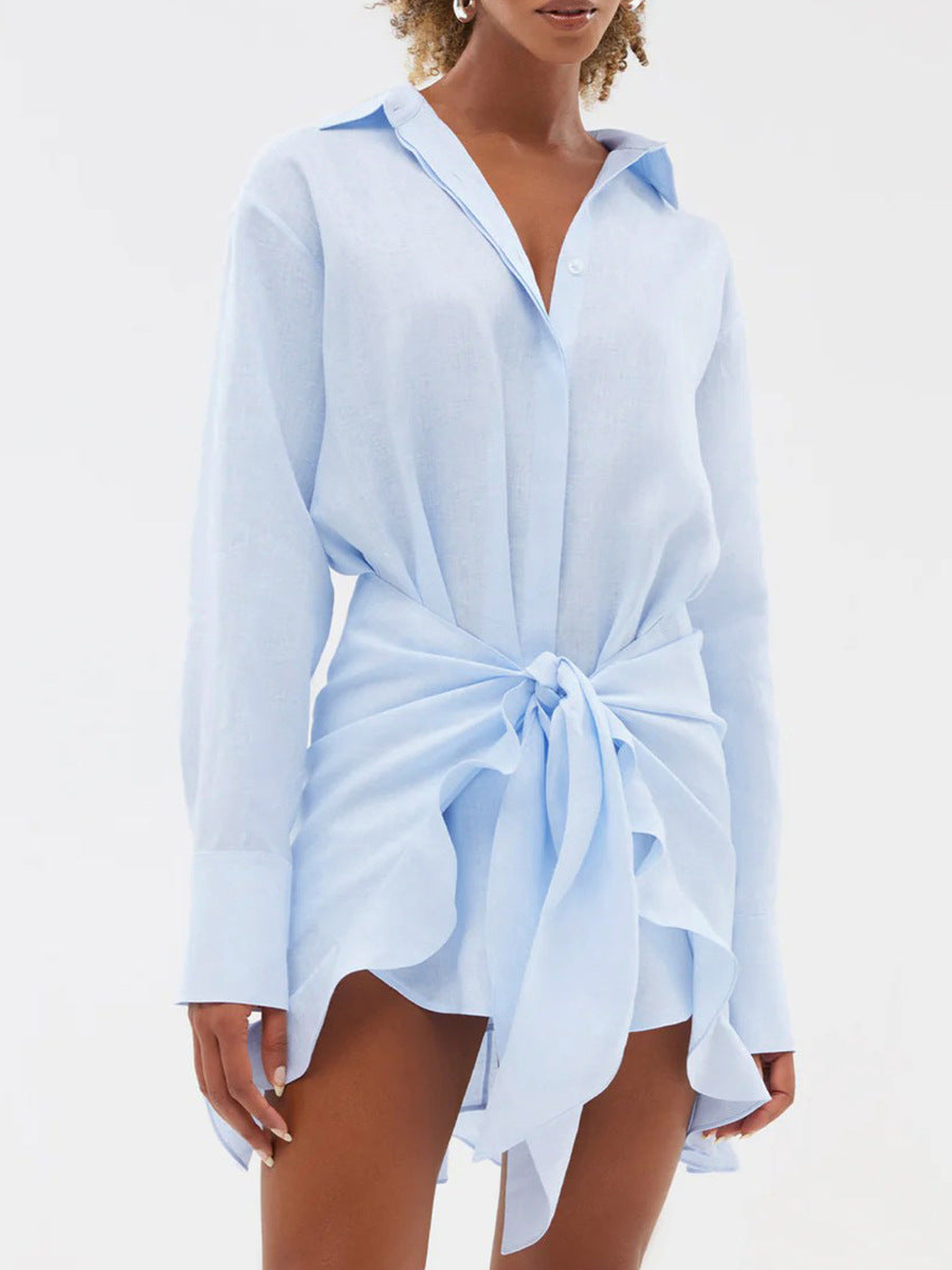 Tie-Front Cotton Mini Shirt Dress in Light Blue — front view on model, studio