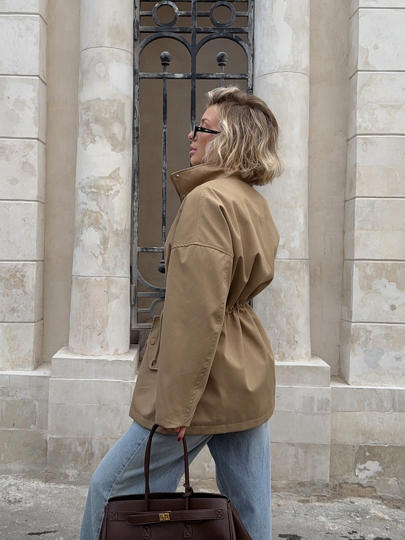 Cotton Drawstring Waist Jacket with Stand Collar in Khaki — back view on model