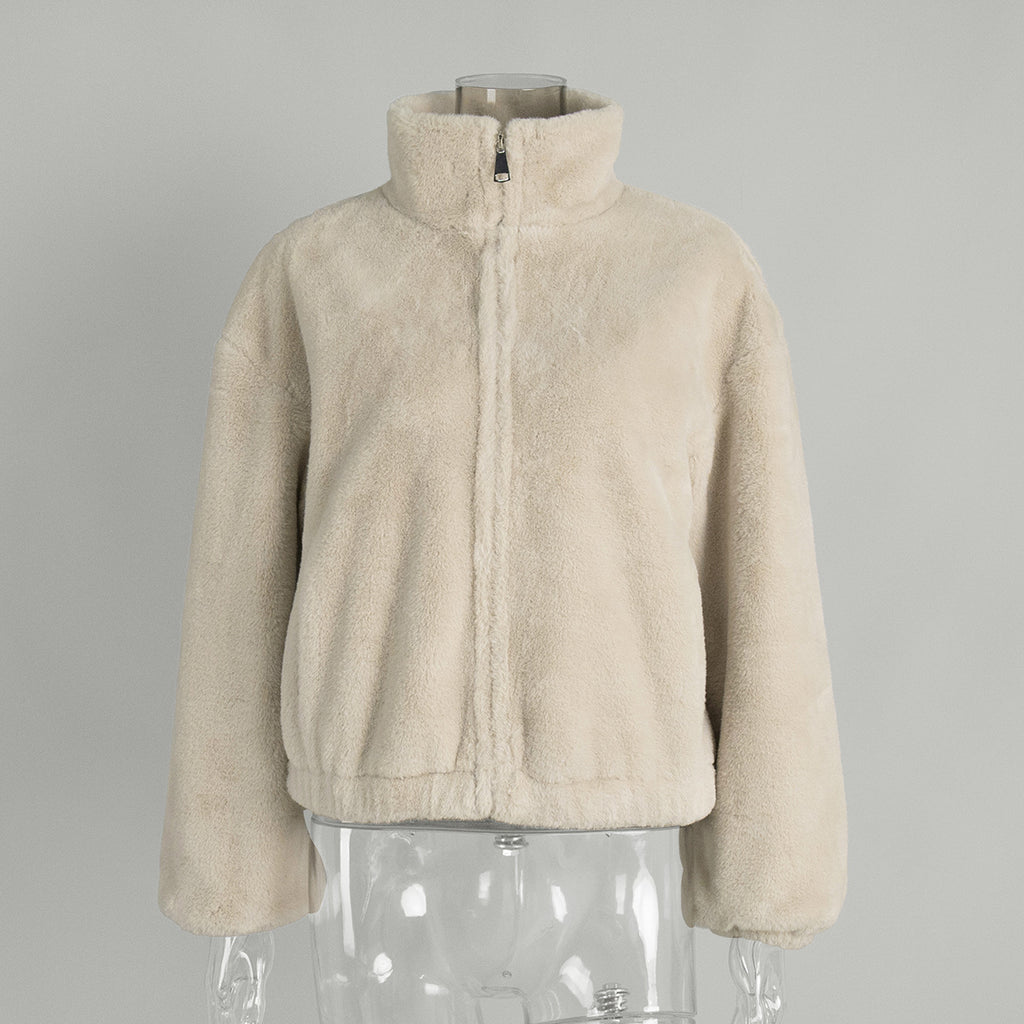 Plush Faux Fur Zip-Up Jacket with Stand Collar in Cream — front view