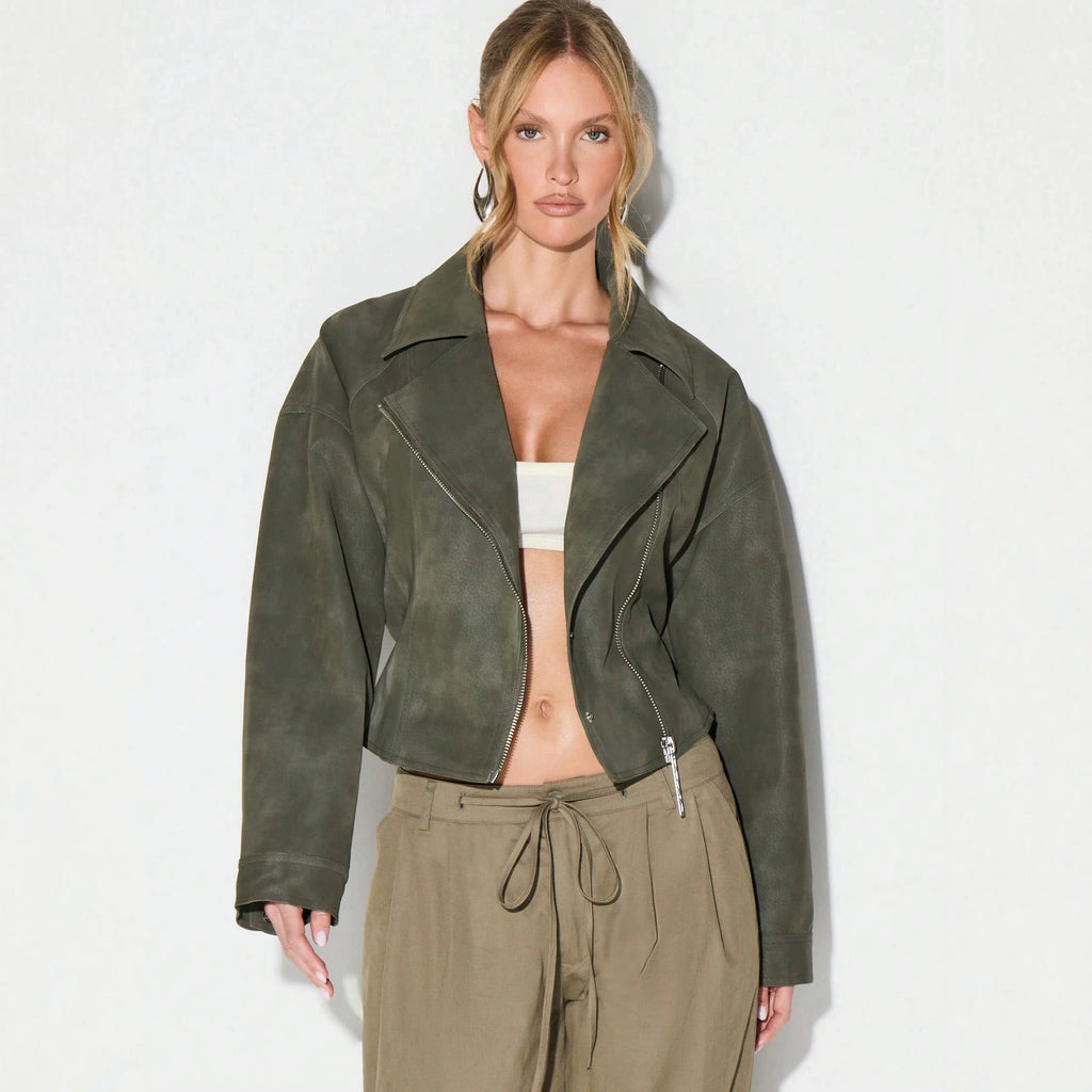 Belted Faux Suede Moto Jacket with Asymmetric Zip in Olive — worn open with lapels on model
