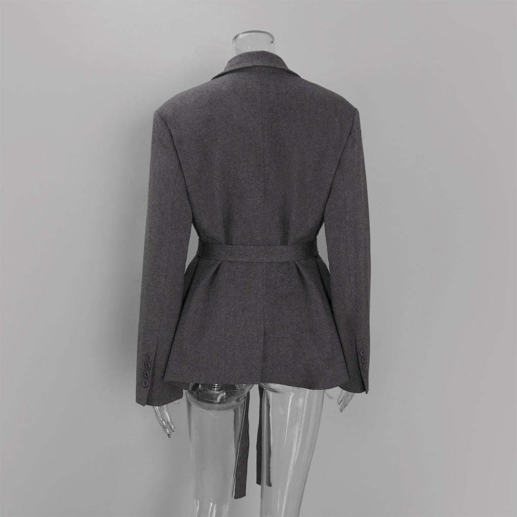 Oversized Double-Breasted Belted Blazer Jacket in Charcoal Gray — blazer back view