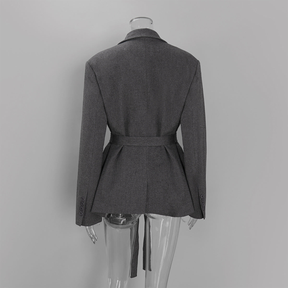 Oversized Double-Breasted Belted Blazer Jacket in Charcoal Gray — blazer back view