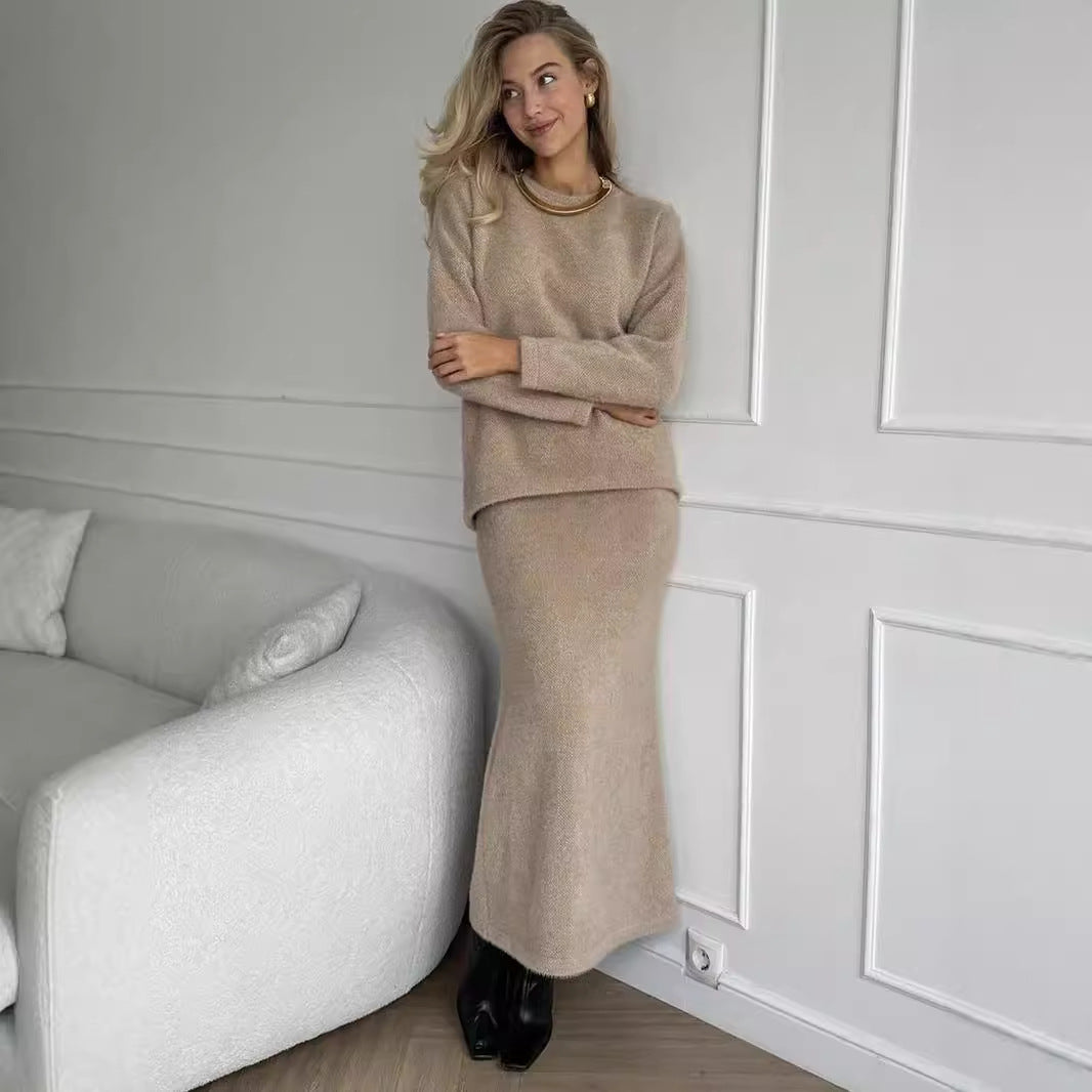 Brushed Knit Sweater & Mermaid Maxi Skirt Set in Oat — full-length view on model