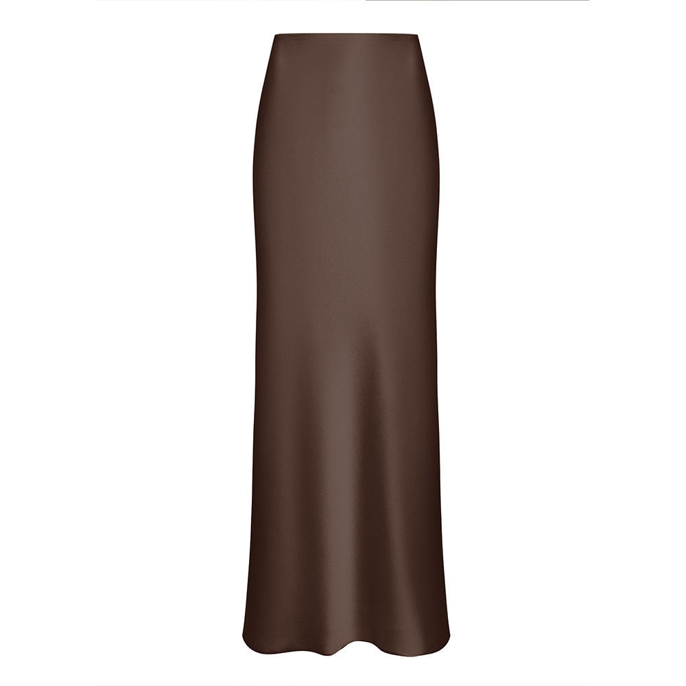 Satin Fishtail Maxi Skirt in Chocolate — cutout front view