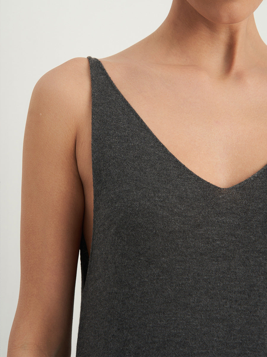 Long Belted Knit Cardigan & Maxi Slip Dress Set in Charcoal Gray — close-up of V-neck and strap