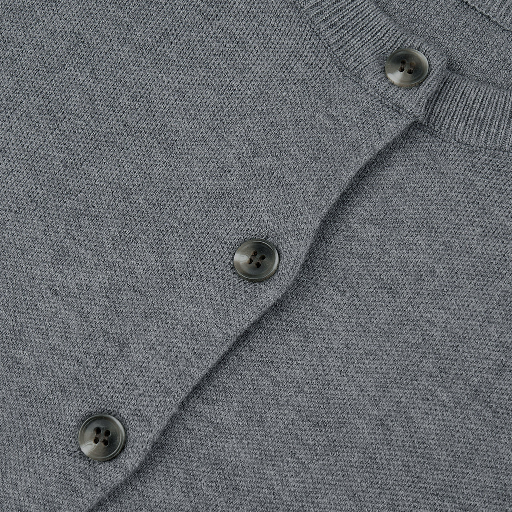 Crew Neck Button Cardigan & Straight-Leg Knit Pants Set in Heather Gray — close-up of the buttons