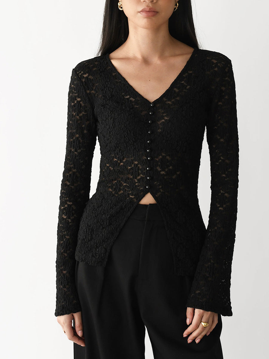 Floral Lace V-Neck Button-Front Top in Black — front view on model
