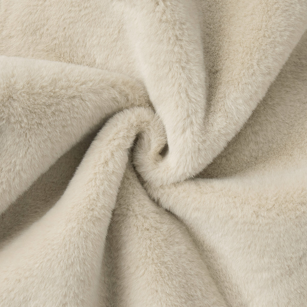 Plush Faux Fur Zip-Up Jacket with Stand Collar in Cream — plush faux fur texture close-up